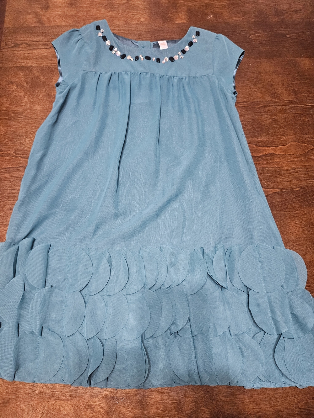 Girls Teal Ruffle Hem Dress with Beaded Neckline
